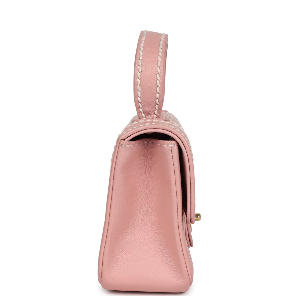 Chanel Vintage Mini Wild Stitch Surpique Top Handle Flap Bag Pink Calfskin Gold Hardware