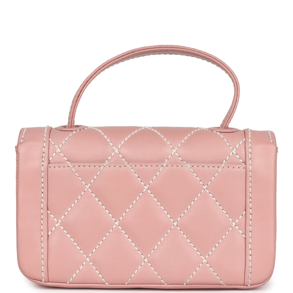 Chanel Vintage Mini Wild Stitch Surpique Top Handle Flap Bag Pink Calfskin Gold Hardware