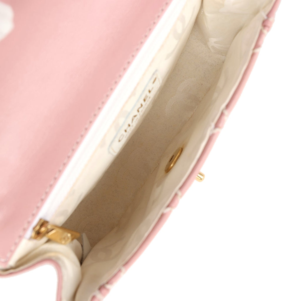 Chanel Vintage Mini Wild Stitch Surpique Top Handle Flap Bag Pink Calfskin Gold Hardware