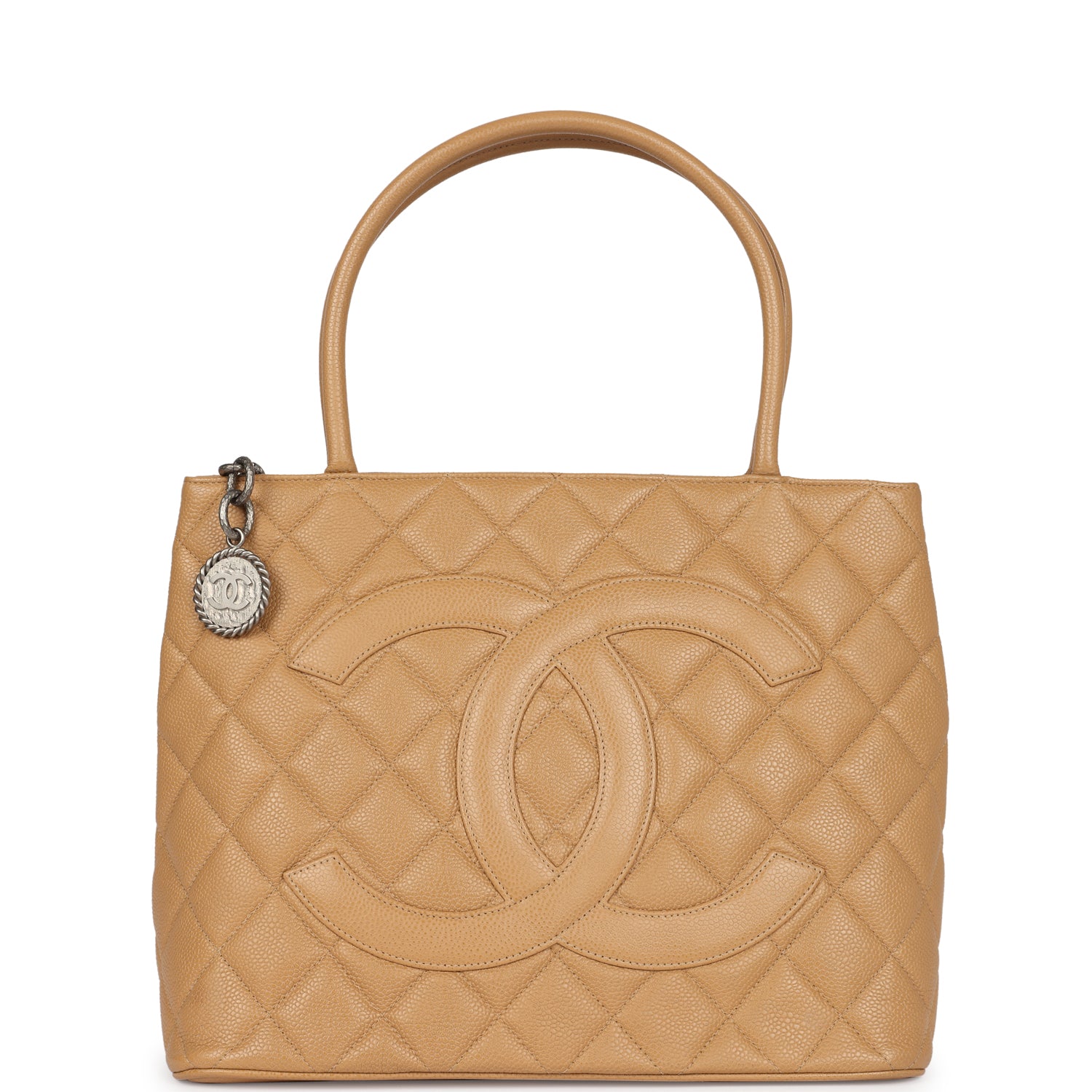 Chanel Vintage Medallion Tote Bag Beige Caviar Silver Hardware