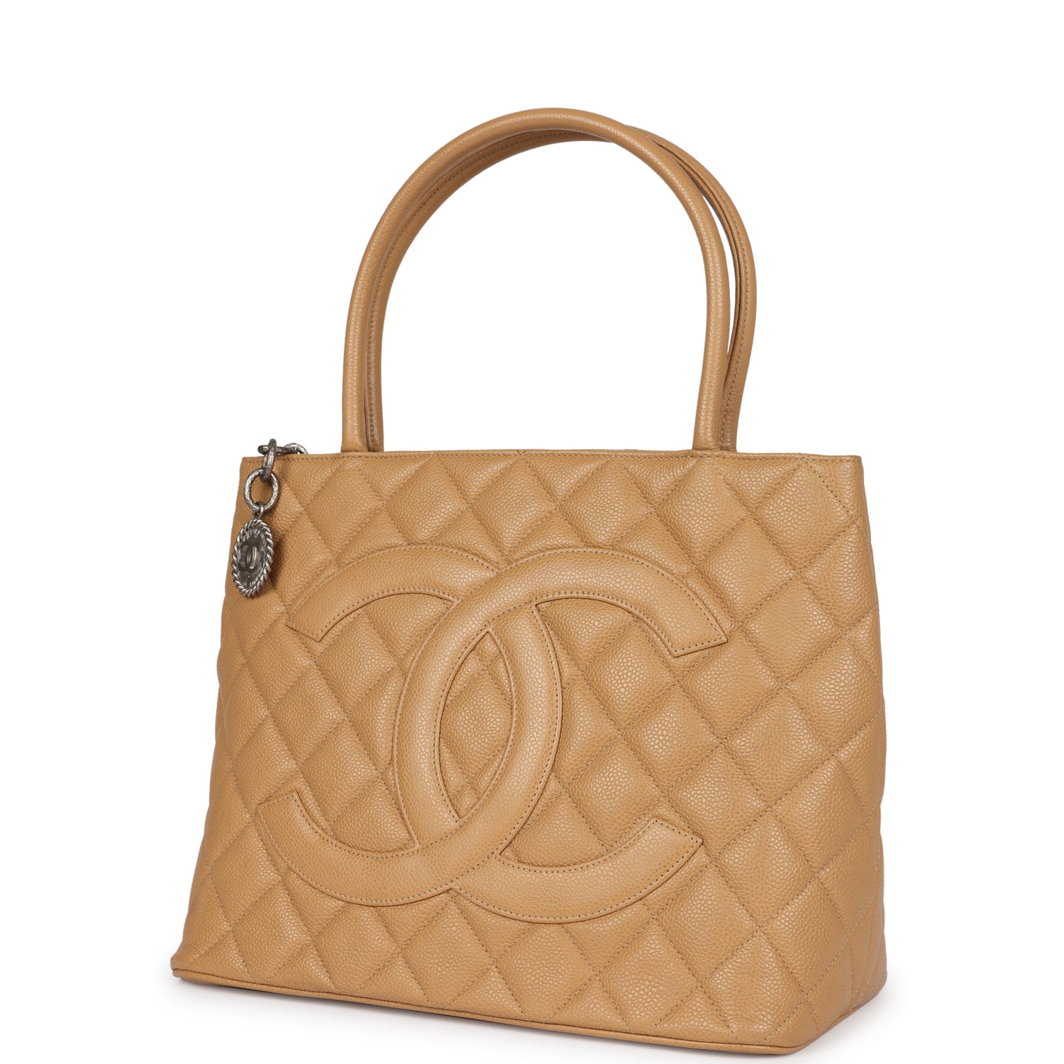 Chanel Vintage Medallion Tote Bag Beige Caviar Silver Hardware