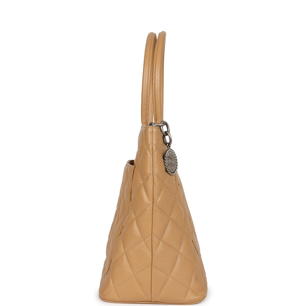 Chanel Vintage Medallion Tote Bag Beige Caviar Silver Hardware