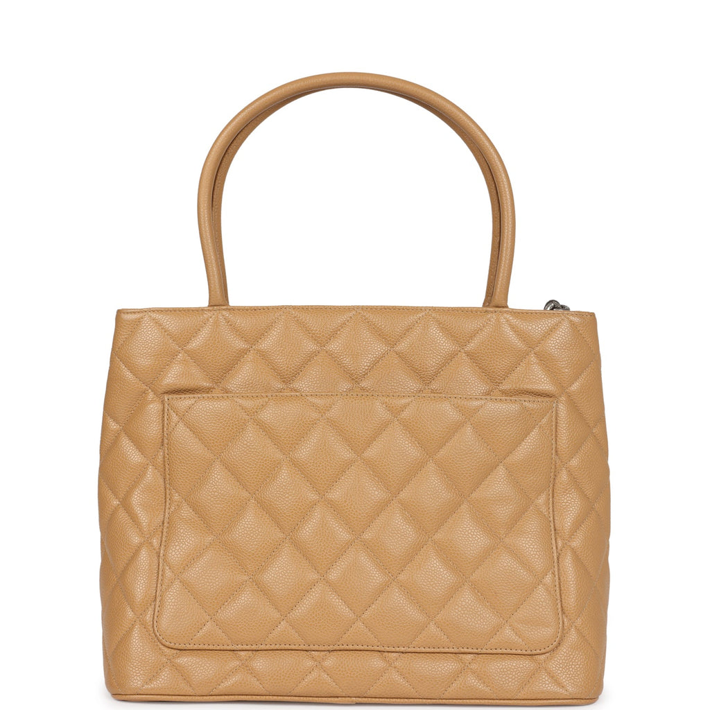 Chanel Vintage Medallion Tote Bag Beige Caviar Silver Hardware