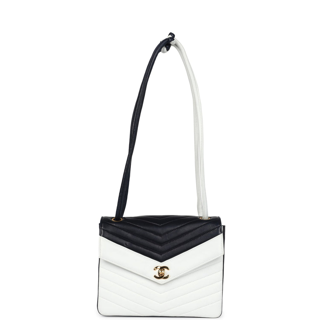 Chanel Vintage Chevron Envelope Flap Shoulder Bag Navy and White Lambskin Gold Hardware