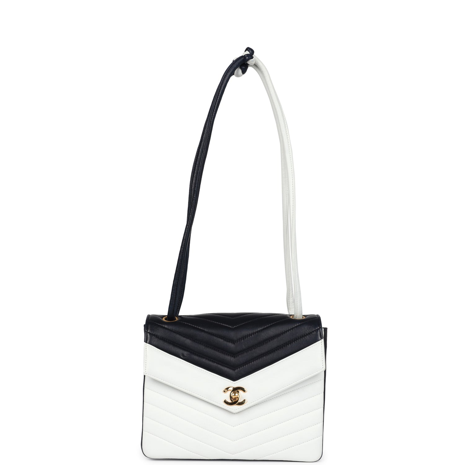 Chanel Vintage Chevron Envelope Flap Shoulder Bag Navy and White Lambskin Gold Hardware