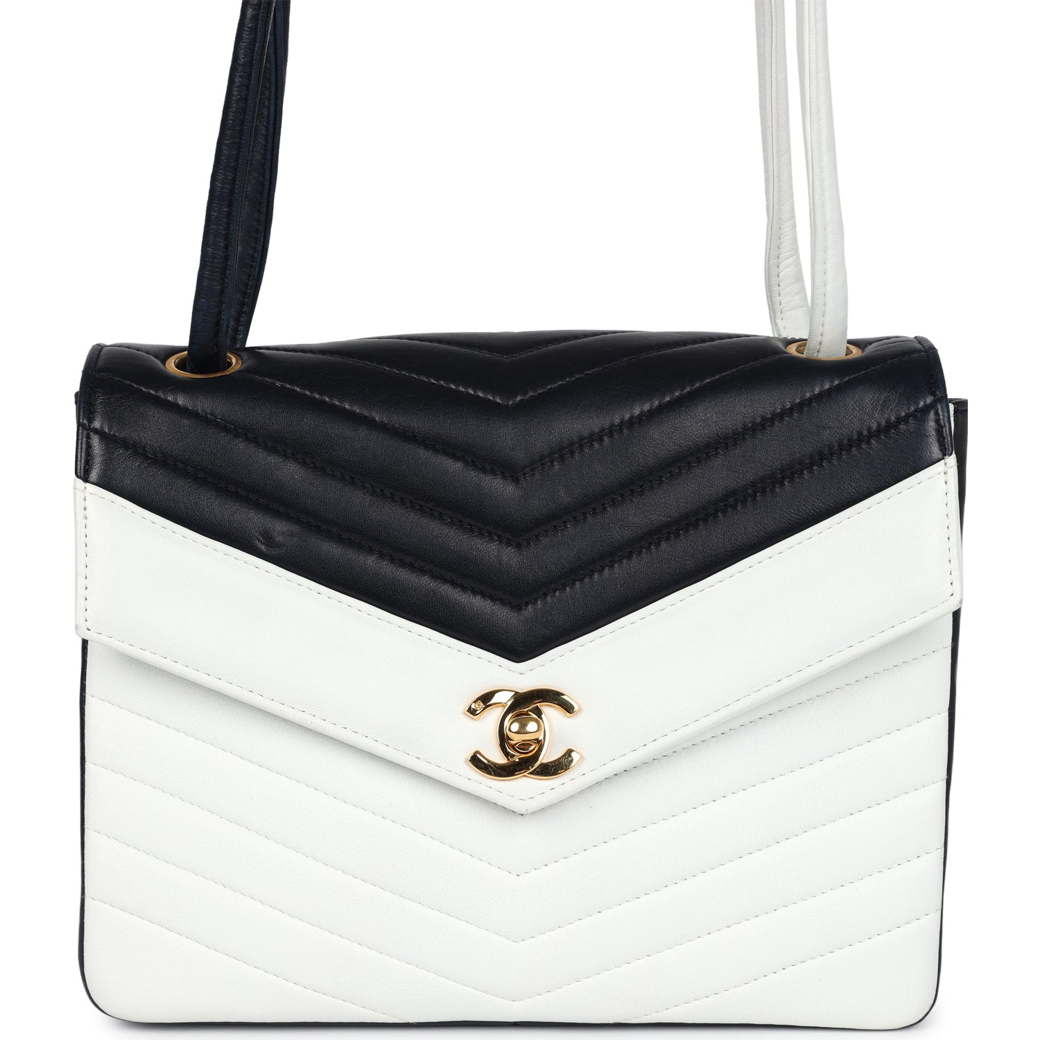 Chanel Vintage Chevron Envelope Flap Shoulder Bag Navy and White Lambskin Gold Hardware