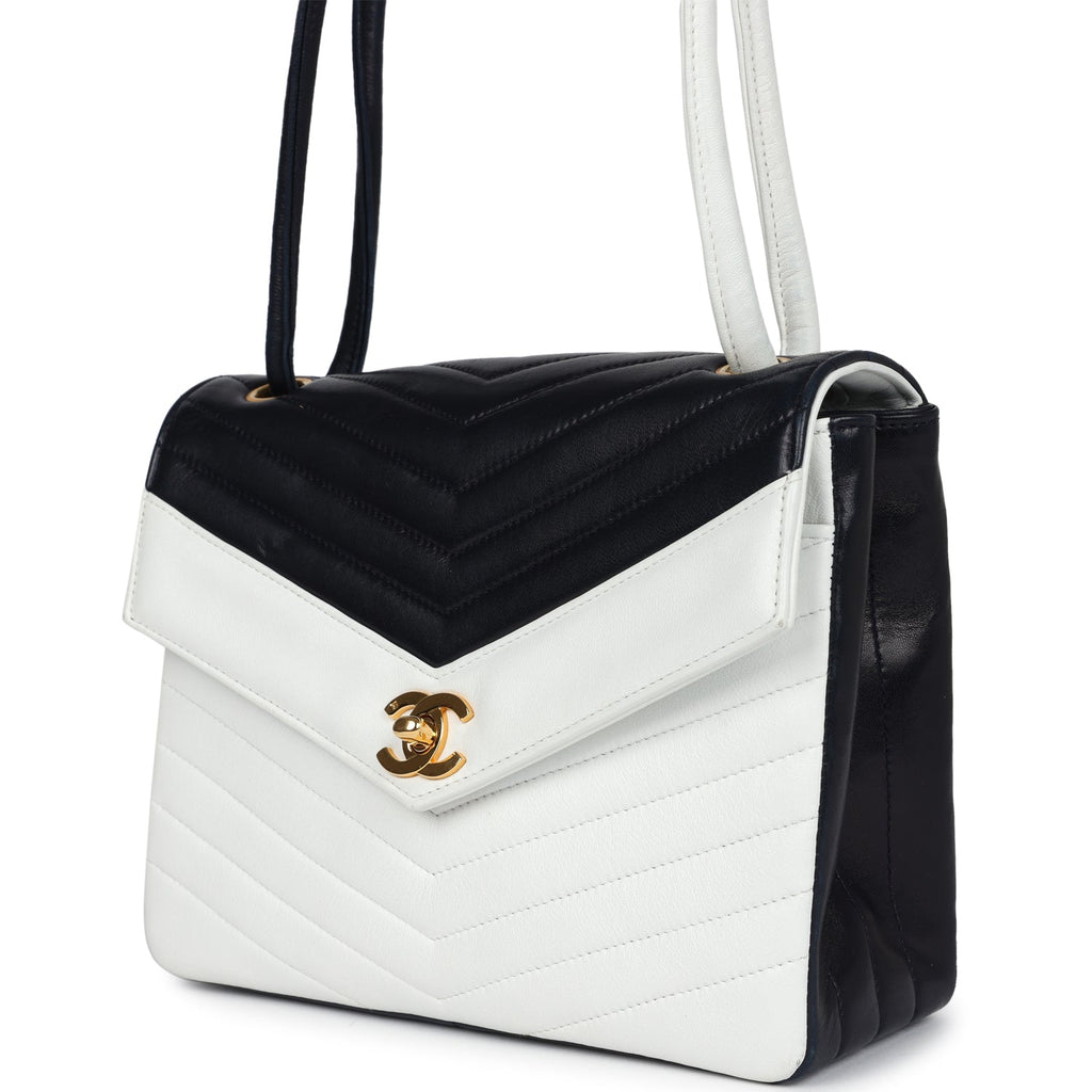 Chanel Vintage Chevron Envelope Flap Shoulder Bag Navy and White Lambskin Gold Hardware
