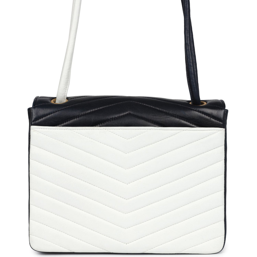 Chanel Vintage Chevron Envelope Flap Shoulder Bag Navy and White Lambskin Gold Hardware