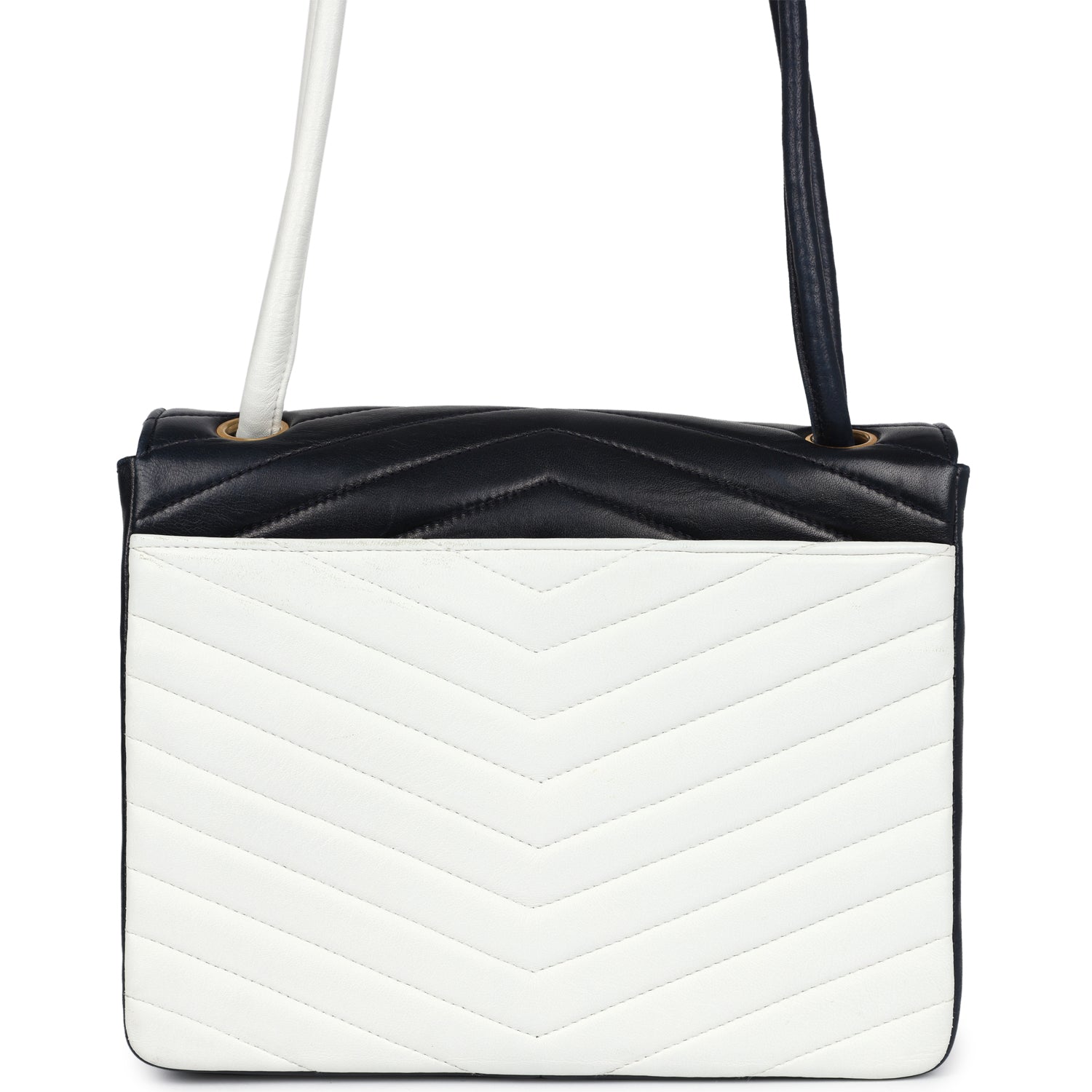 Chanel Vintage Chevron Envelope Flap Shoulder Bag Navy and White Lambskin Gold Hardware