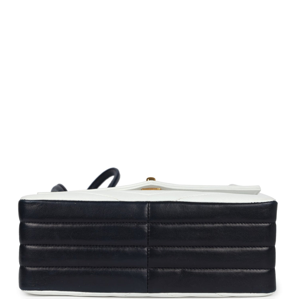 Chanel Vintage Chevron Envelope Flap Shoulder Bag Navy and White Lambskin Gold Hardware