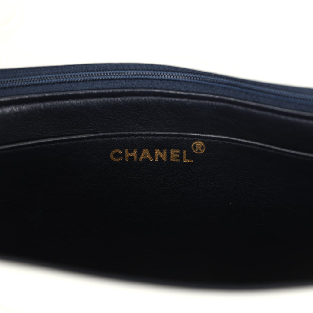 Chanel Vintage Chevron Envelope Flap Shoulder Bag Navy and White Lambskin Gold Hardware