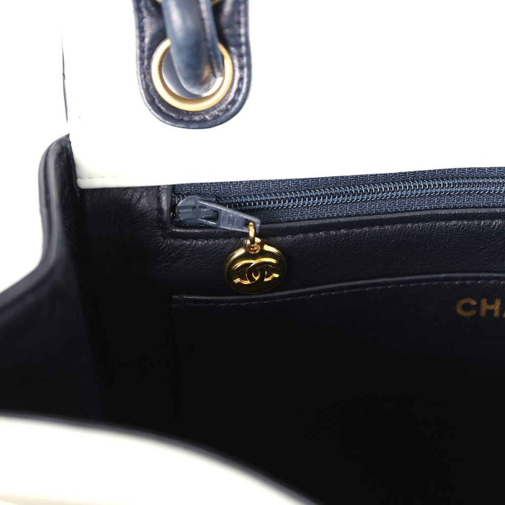 Chanel Vintage Chevron Envelope Flap Shoulder Bag Navy and White Lambskin Gold Hardware
