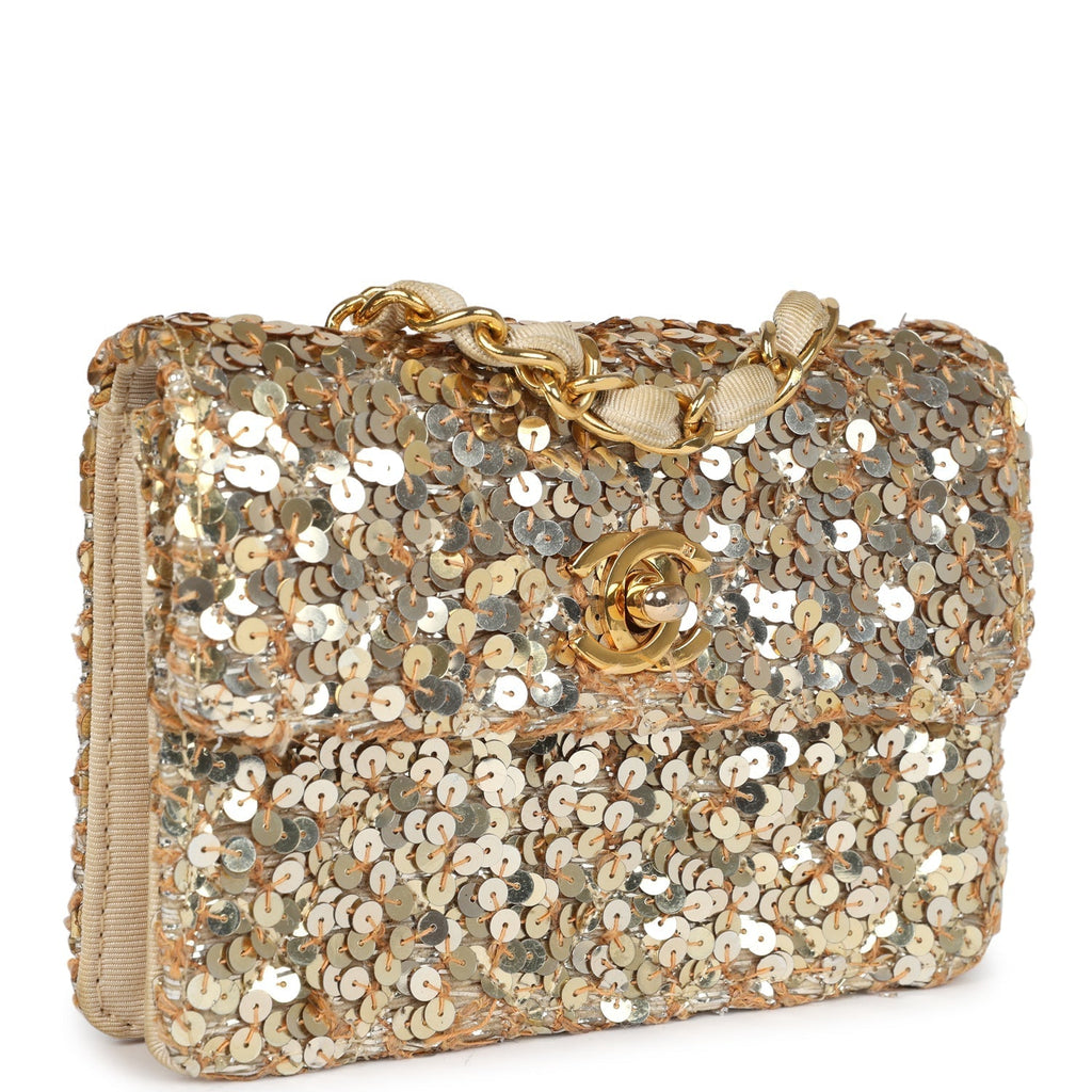 Chanel Vintage Mini Half Flap Bag Gold Sequin Gold Hardware
