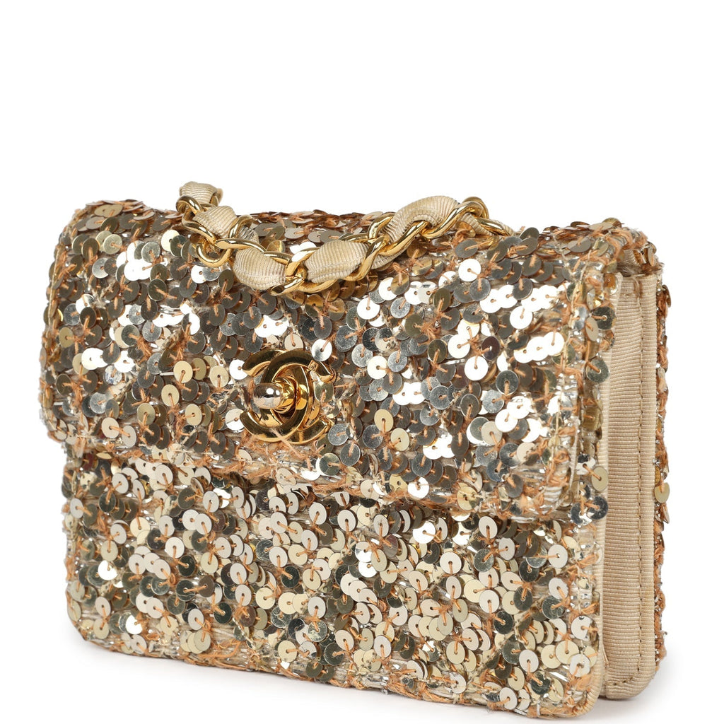 Chanel Vintage Mini Half Flap Bag Gold Sequin Gold Hardware