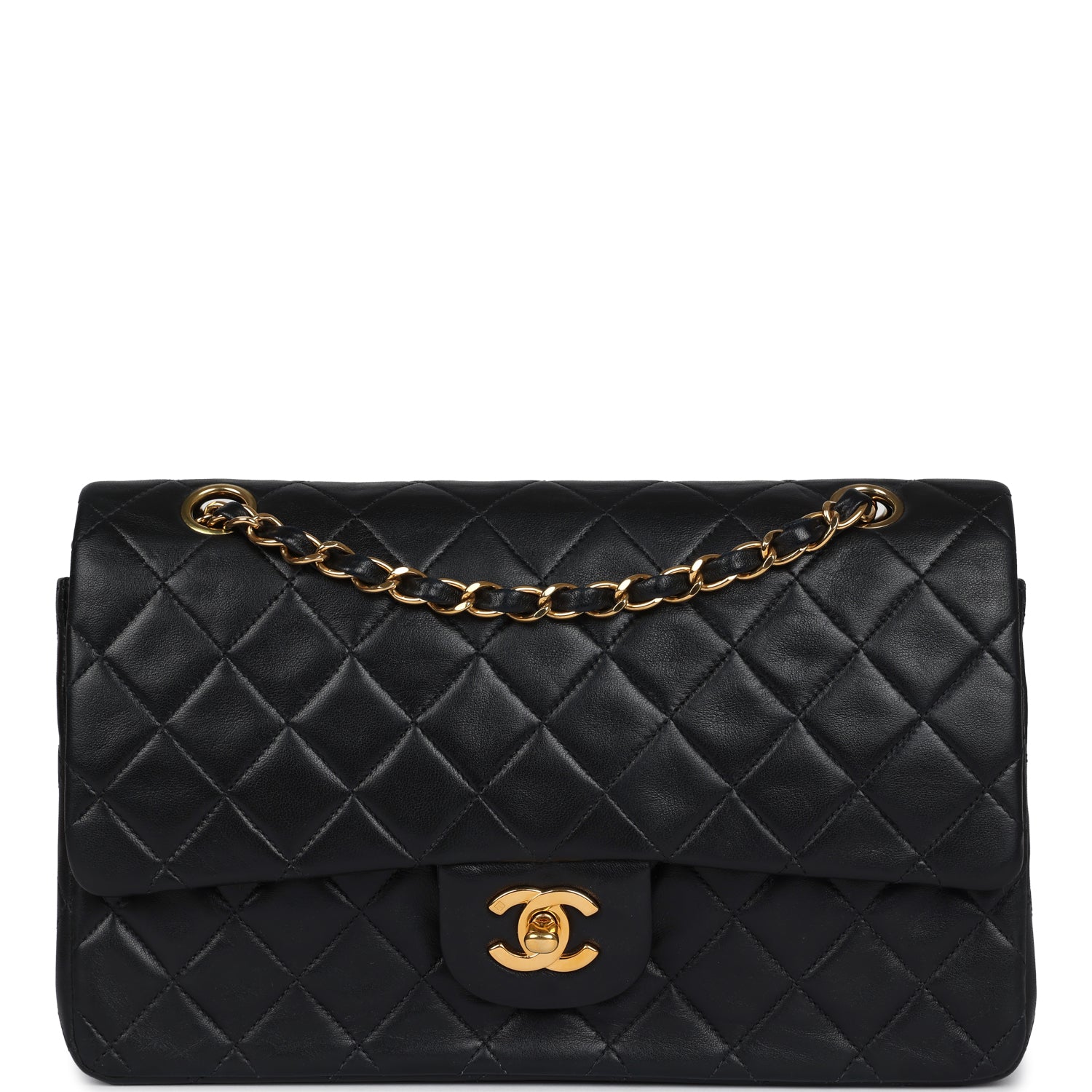 Chanel Vintage Medium Classic Double Flap Bag Black Lambskin Gold Hardware