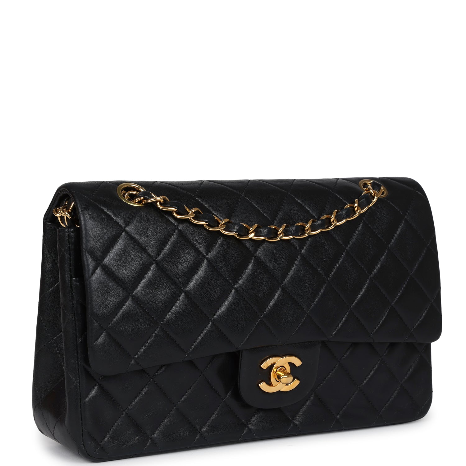 Chanel Vintage Medium Classic Double Flap Bag Black Lambskin Gold Hardware