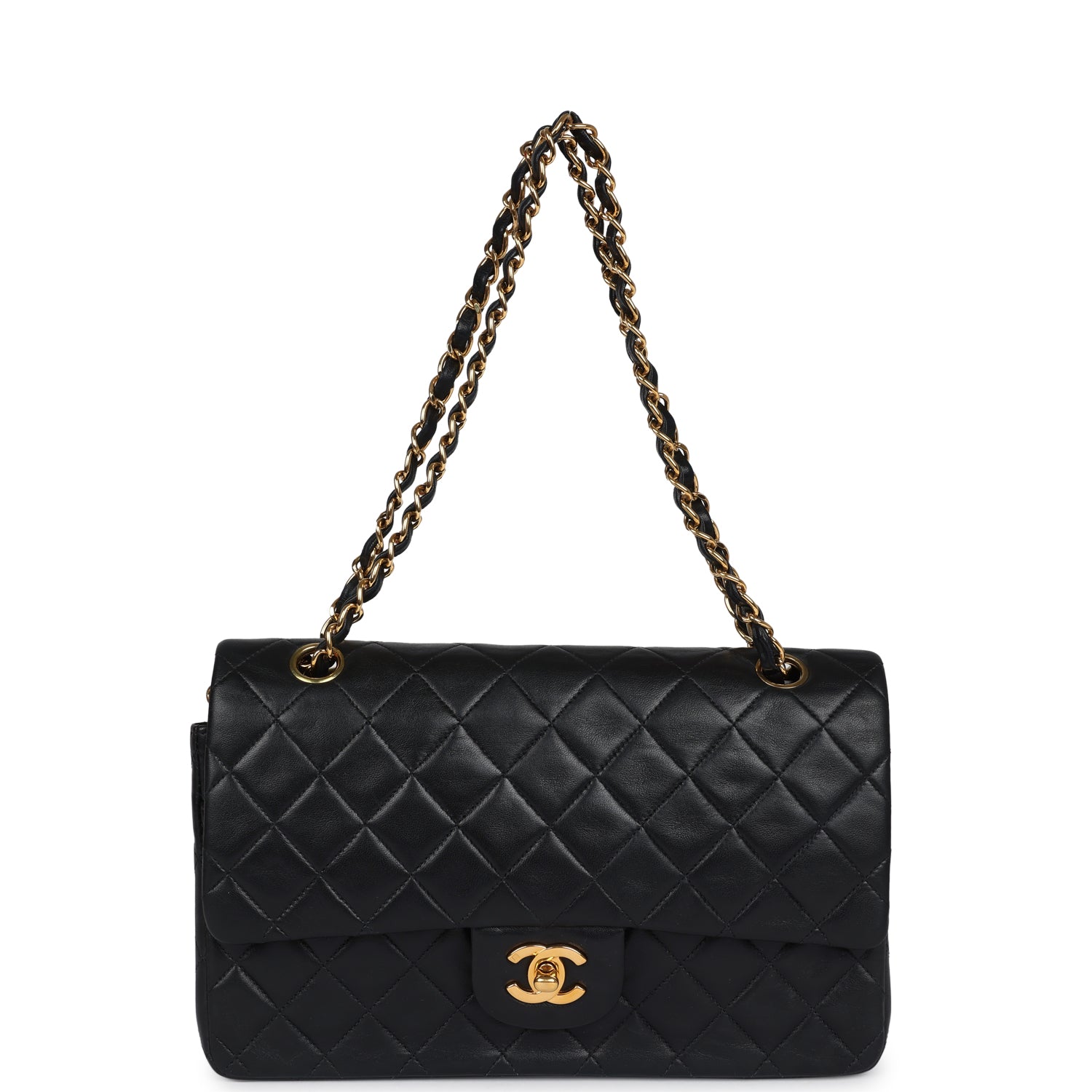 Chanel Vintage Medium Classic Double Flap Bag Black Lambskin Gold Hardware