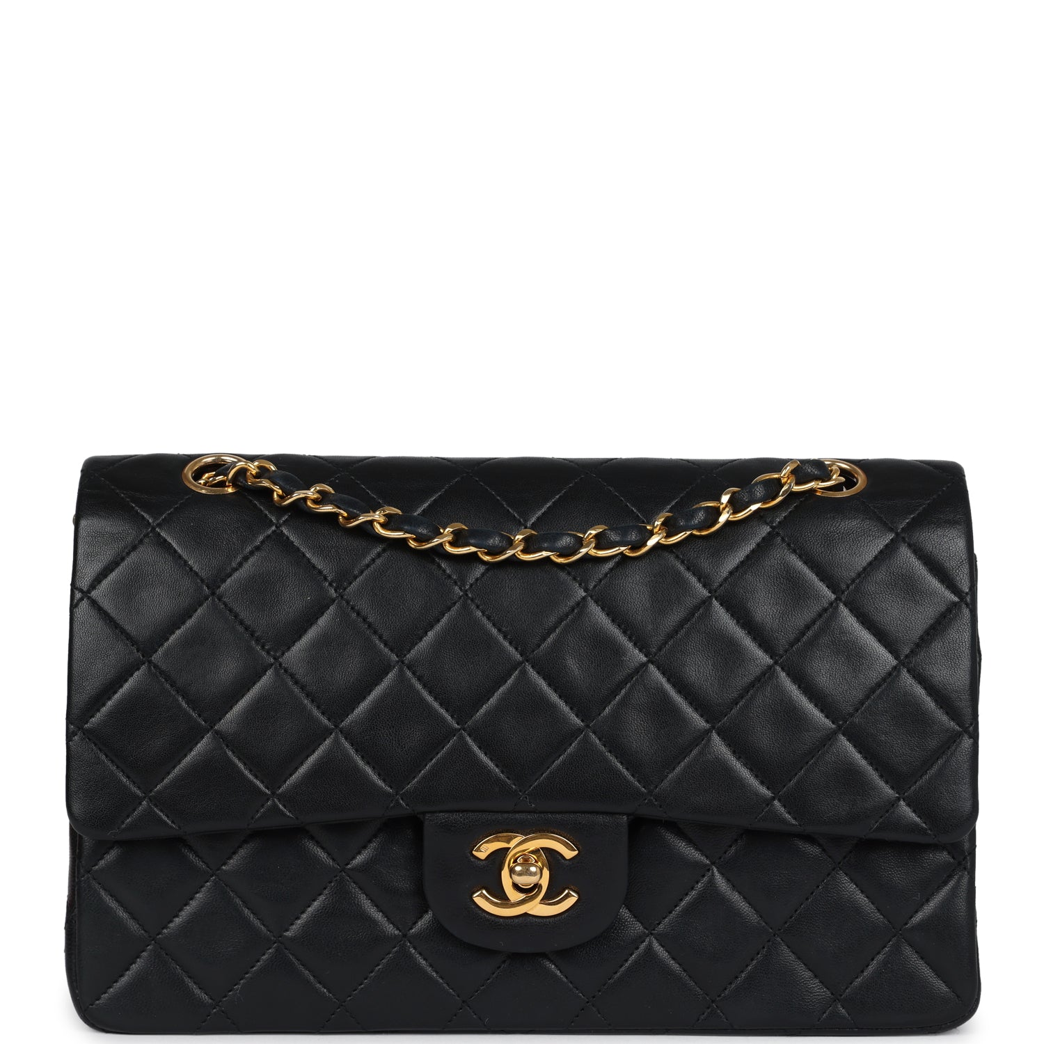 Chanel Vintage Medium Classic Double Flap Bag Black Lambskin Gold Hardware