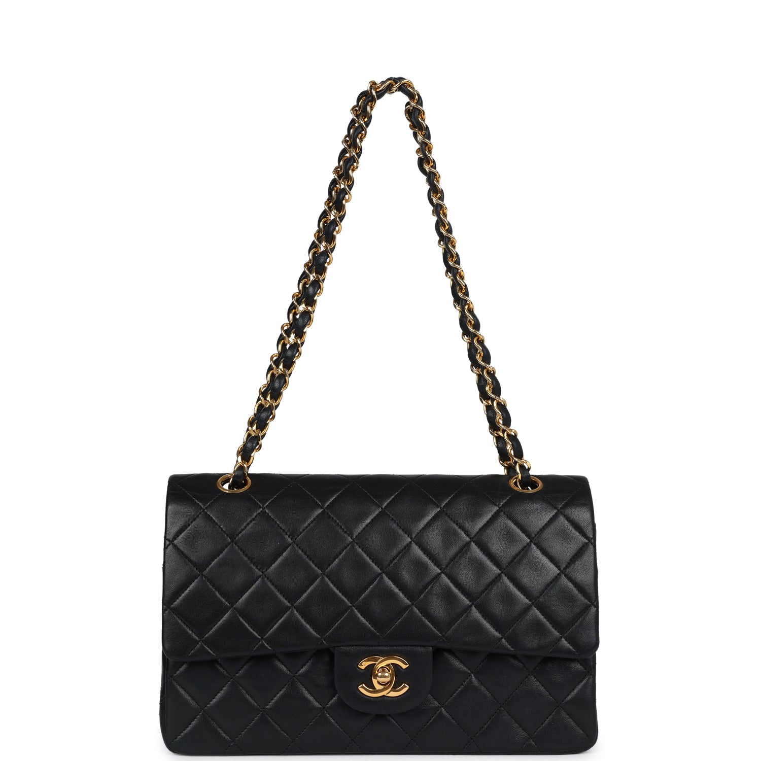 Chanel Vintage Medium Classic Double Flap Bag Black Lambskin Gold Hardware