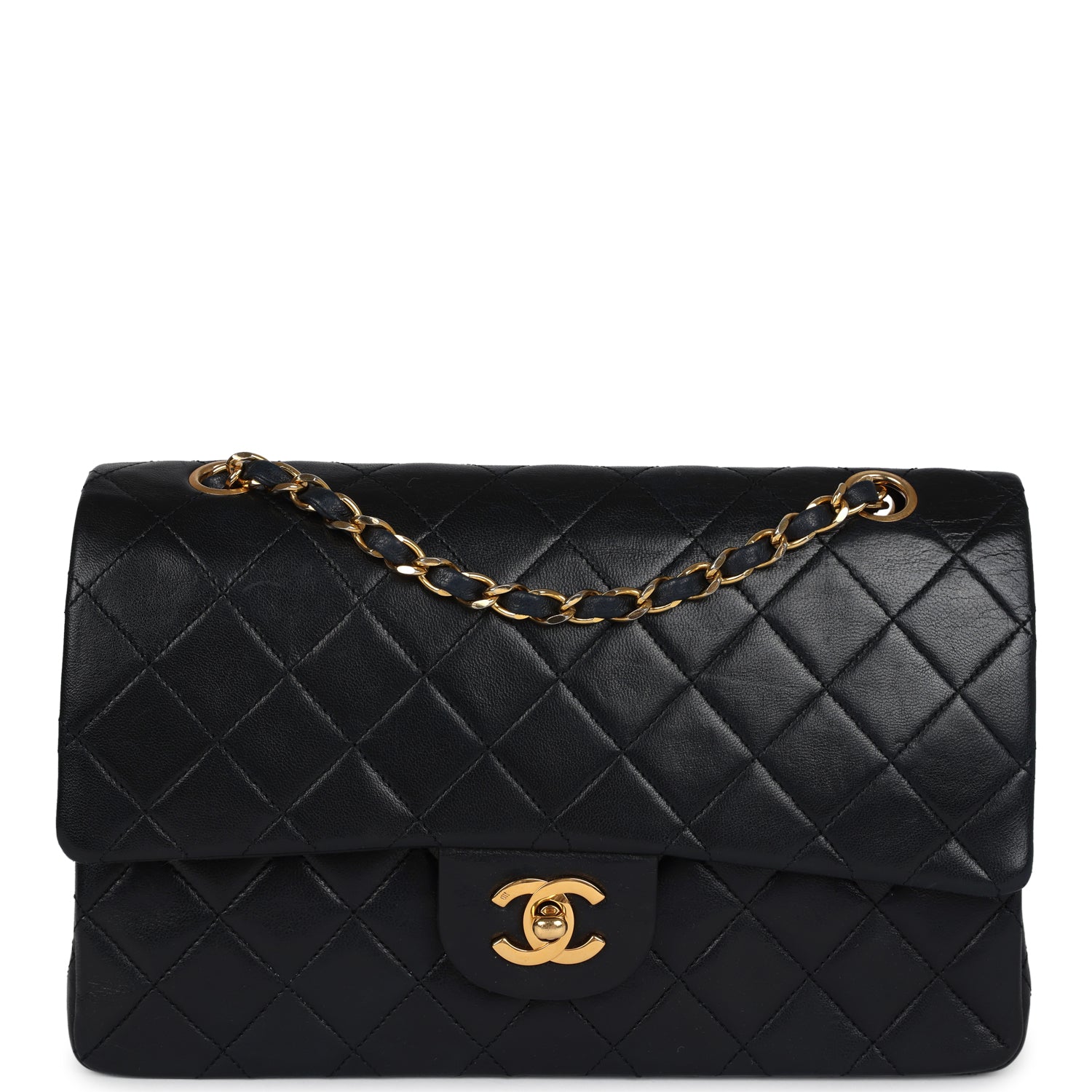 Chanel Vintage Medium Classic Double Flap Bag Black Lambskin Gold Hardware