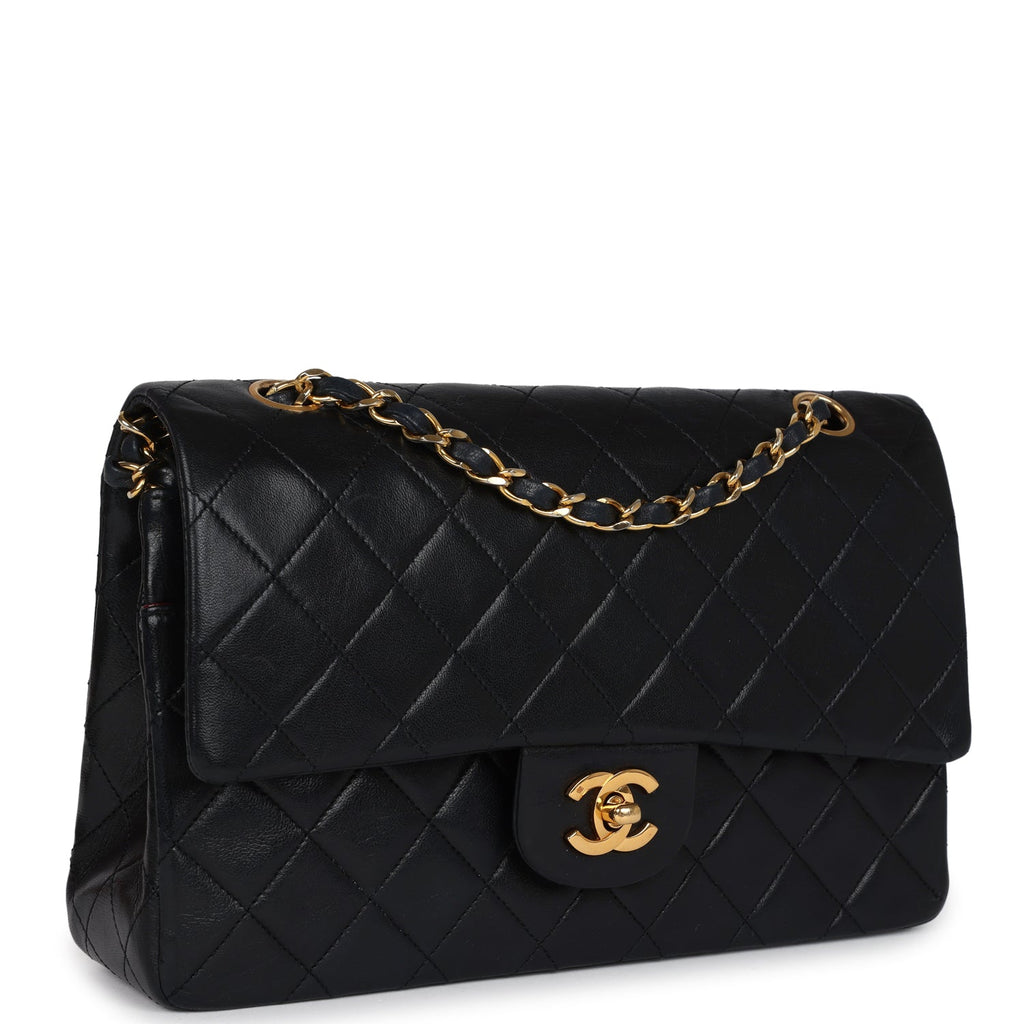 Chanel Vintage Medium Classic Double Flap Bag Black Lambskin Gold Hardware