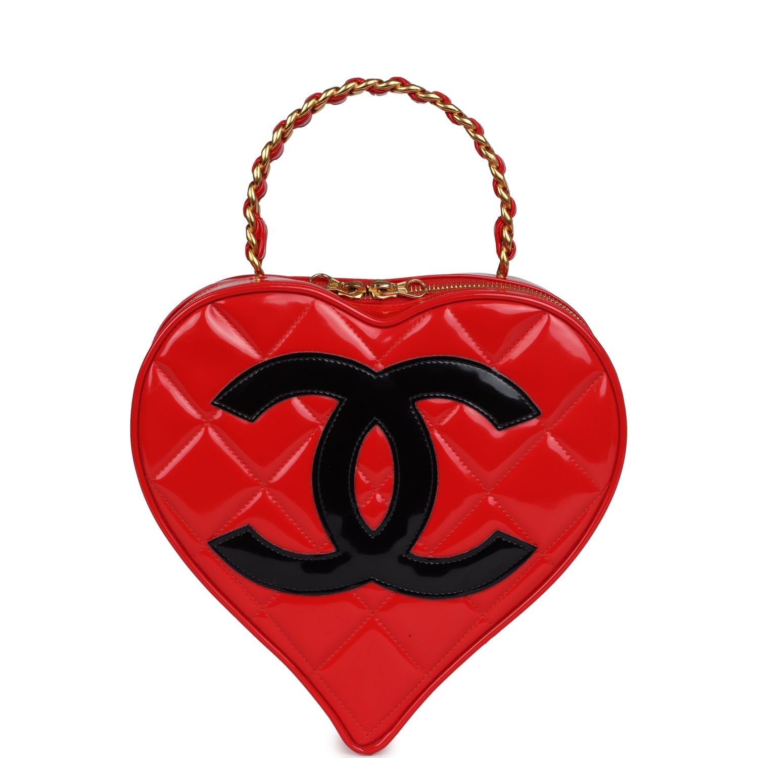 Chanel Vintage Heart Vanity Bag Red and Black Patent Antique Gold Hardware