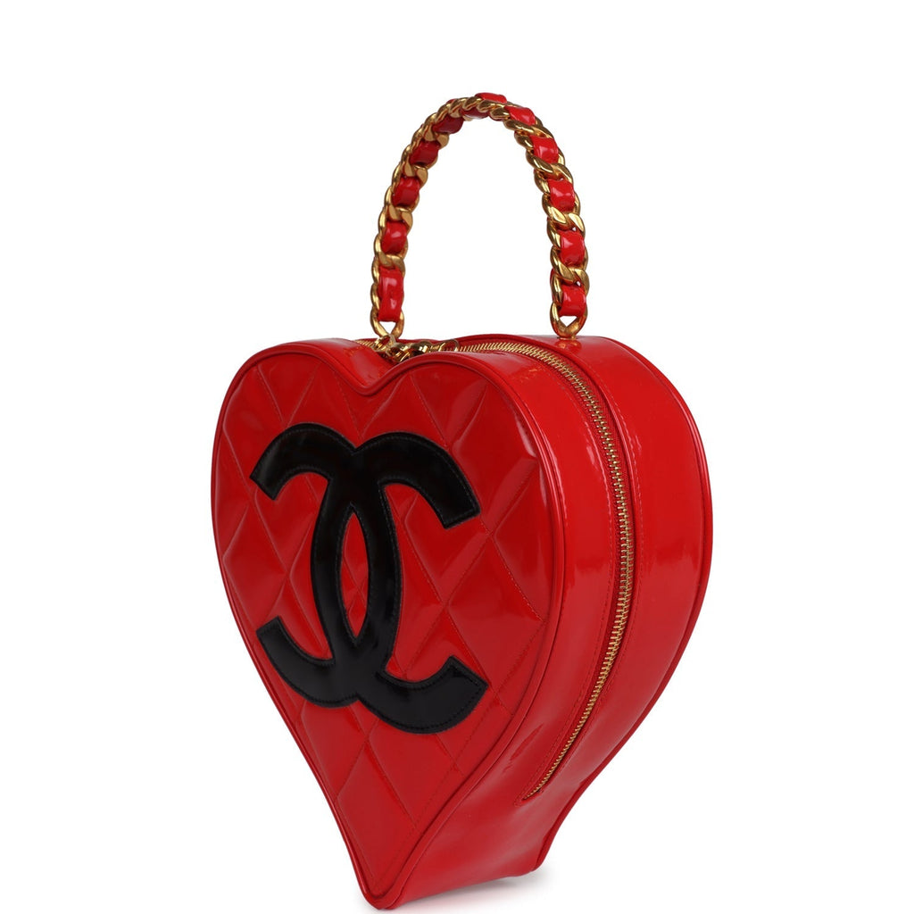 Chanel Vintage Heart Vanity Bag Red and Black Patent Antique Gold Hardware