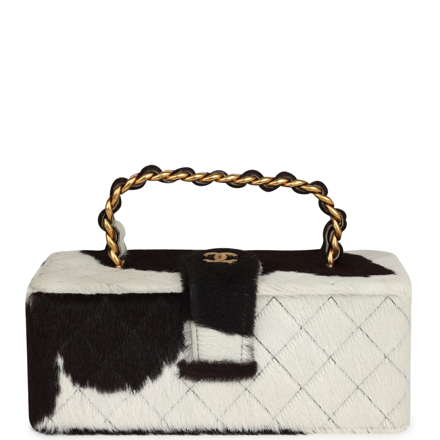 Chanel Vintage Rectangular Vanity Box Brown and White Cow Print Pony Hair Antique Gold Hardware