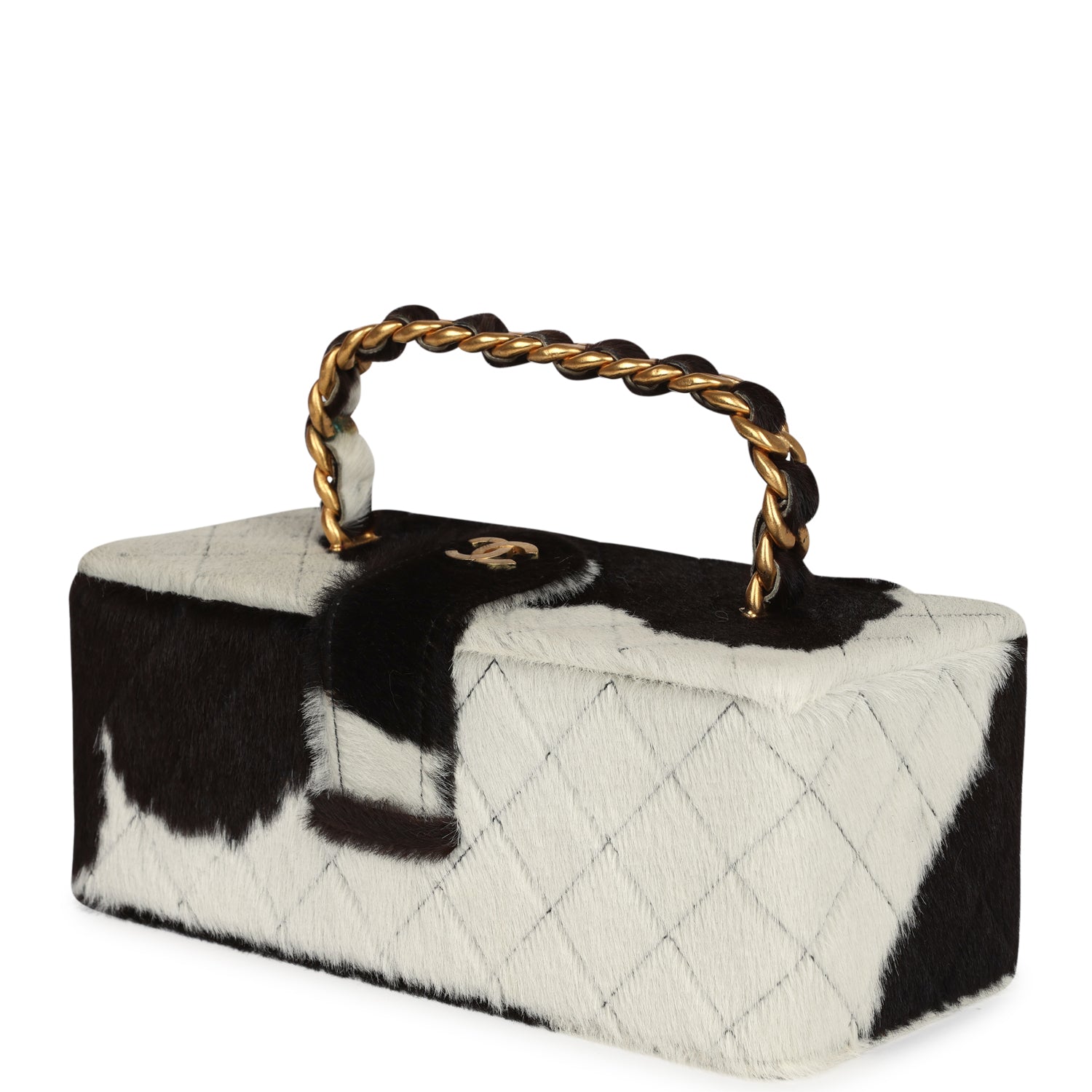 Chanel Vintage Rectangular Vanity Box Brown and White Cow Print Pony Hair Antique Gold Hardware