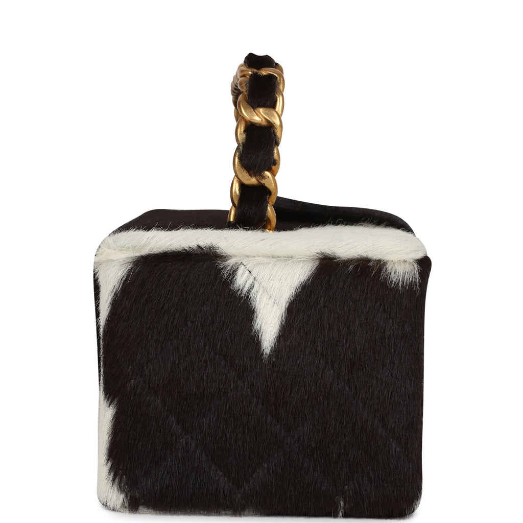 Chanel Vintage Rectangular Vanity Box Brown and White Cow Print Pony Hair Antique Gold Hardware