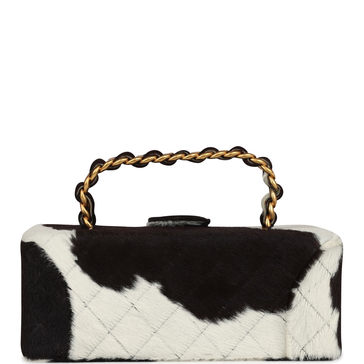 Chanel Vintage Rectangular Vanity Box Brown and White Cow Print Pony Hair Antique Gold Hardware