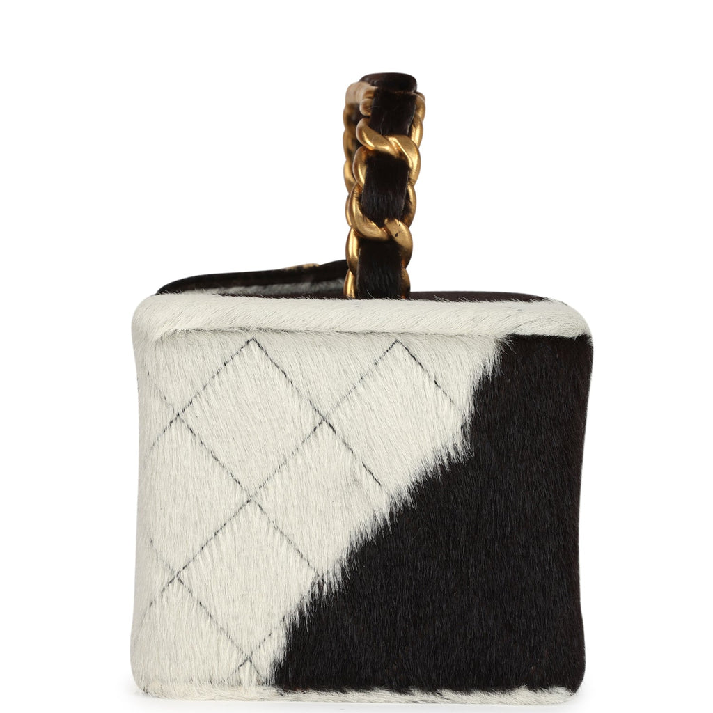 Chanel Vintage Rectangular Vanity Box Brown and White Cow Print Pony Hair Antique Gold Hardware