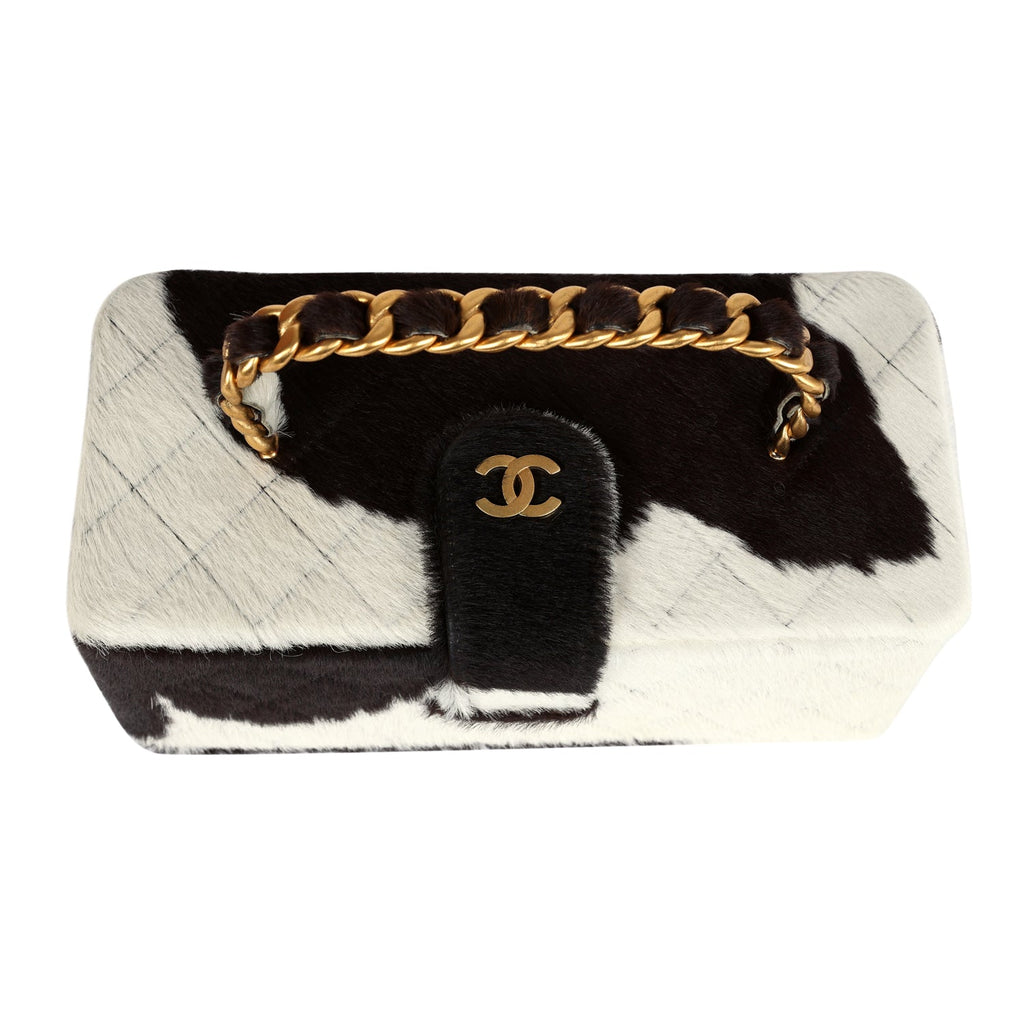 Chanel Vintage Rectangular Vanity Box Brown and White Cow Print Pony Hair Antique Gold Hardware