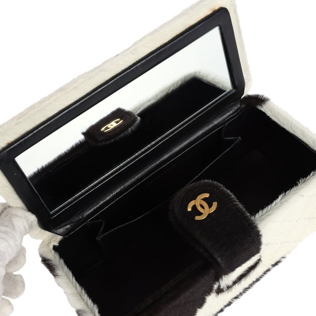 Chanel Vintage Rectangular Vanity Box Brown and White Cow Print Pony Hair Antique Gold Hardware