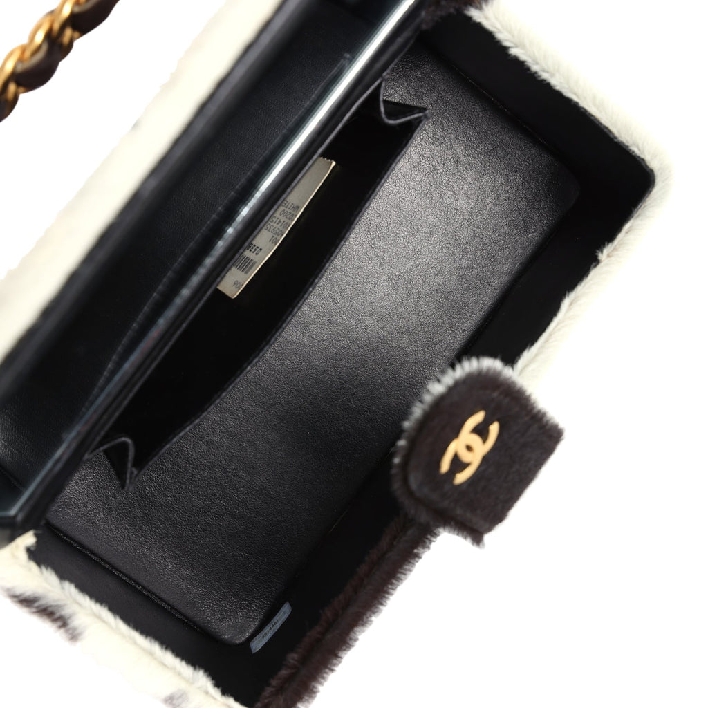 Chanel Vintage Rectangular Vanity Box Brown and White Cow Print Pony Hair Antique Gold Hardware