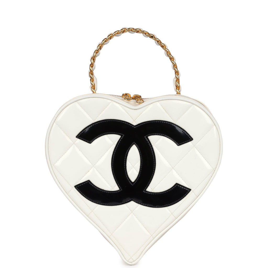 Chanel Vintage Heart Vanity Bag White and Black Patent Antique Gold Hardware