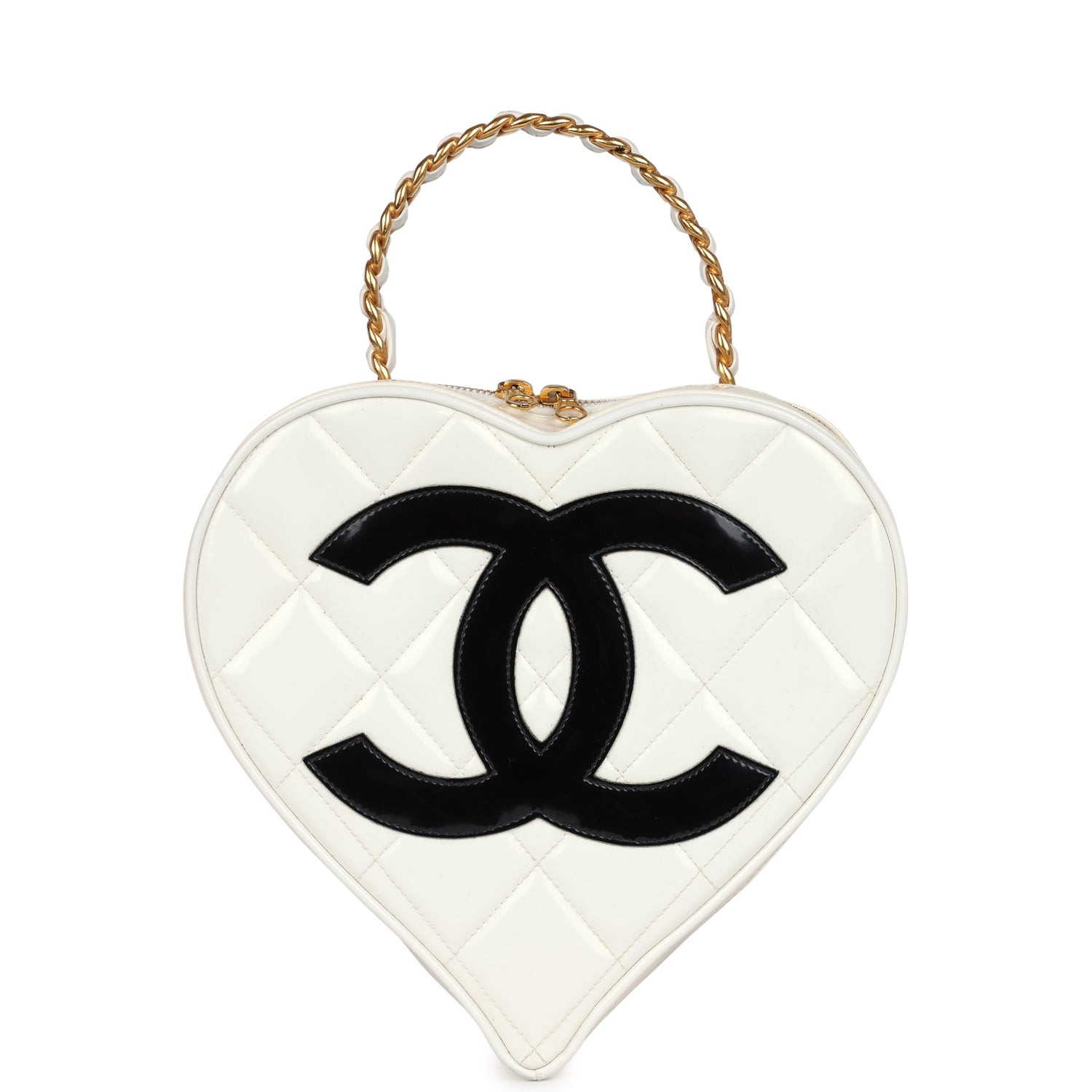 Chanel Vintage Heart Vanity Bag White and Black Patent Antique Gold Hardware