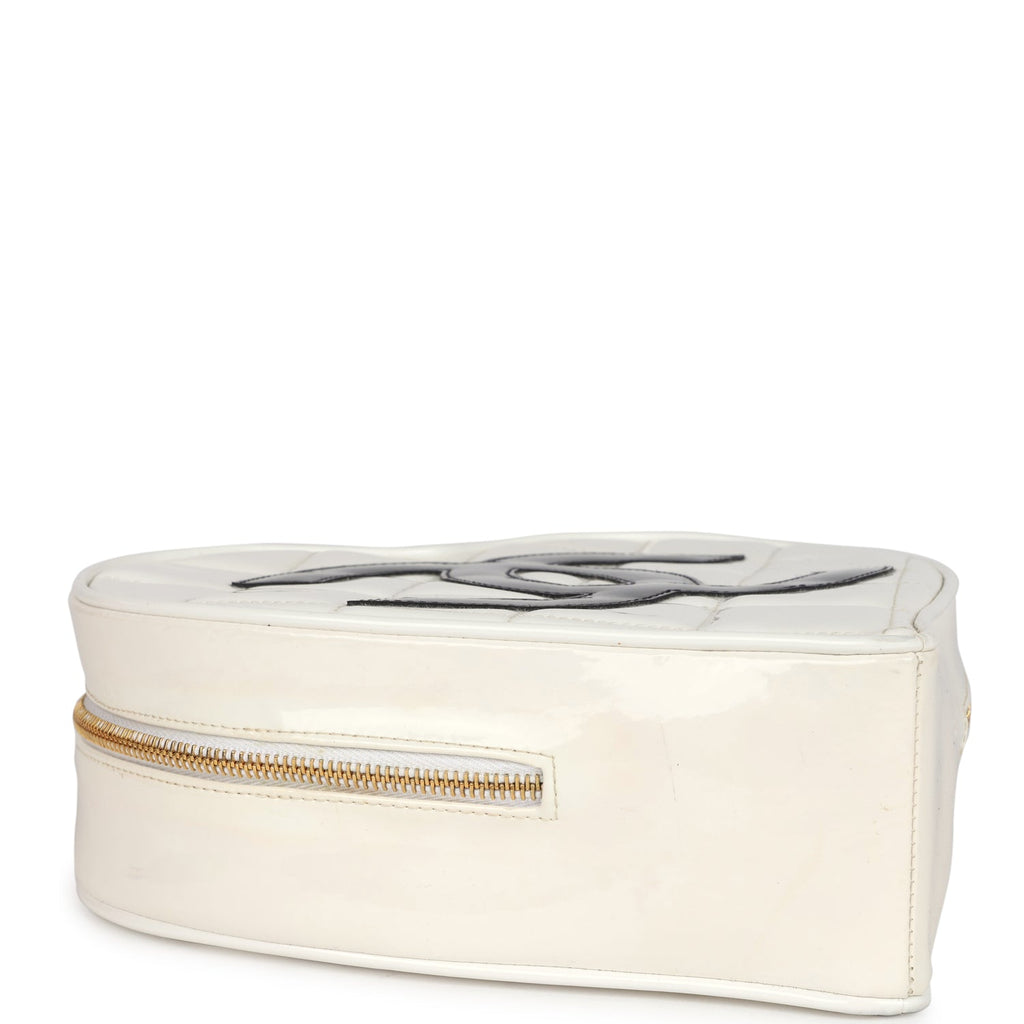 Chanel Vintage Heart Vanity Bag White and Black Patent Antique Gold Hardware