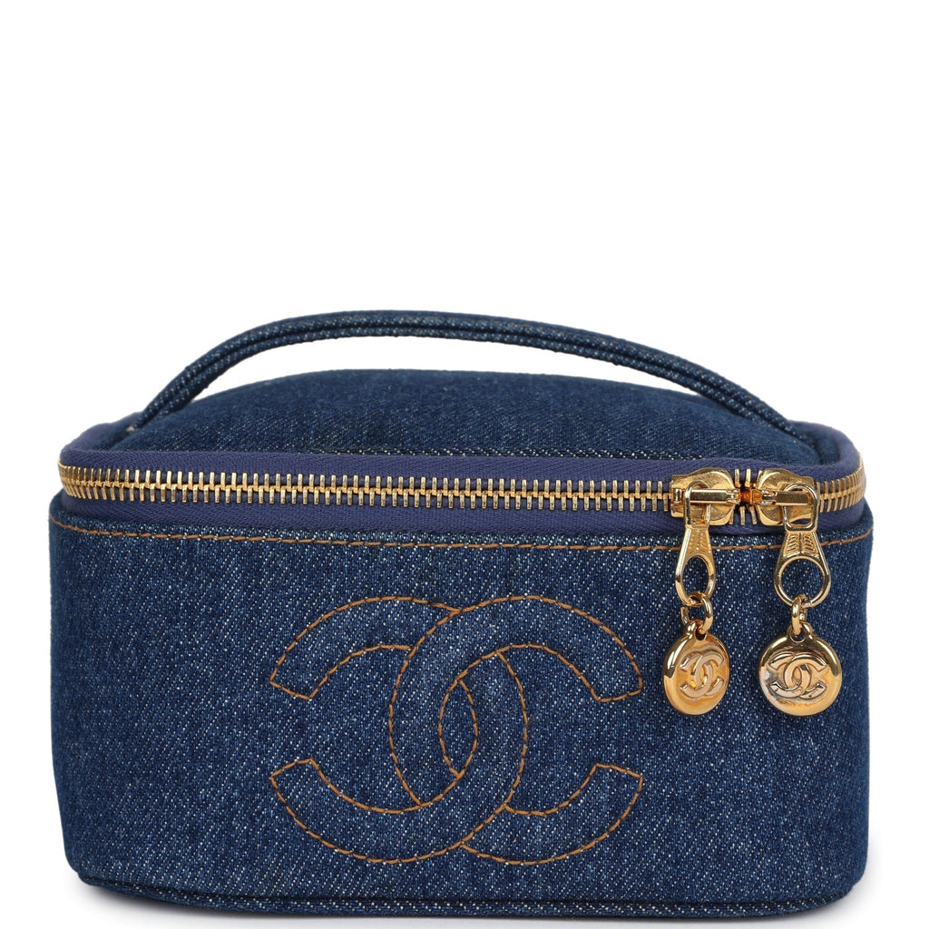 Chanel Vintage Square Vanity Case Dark Blue Denim Gold Hardware