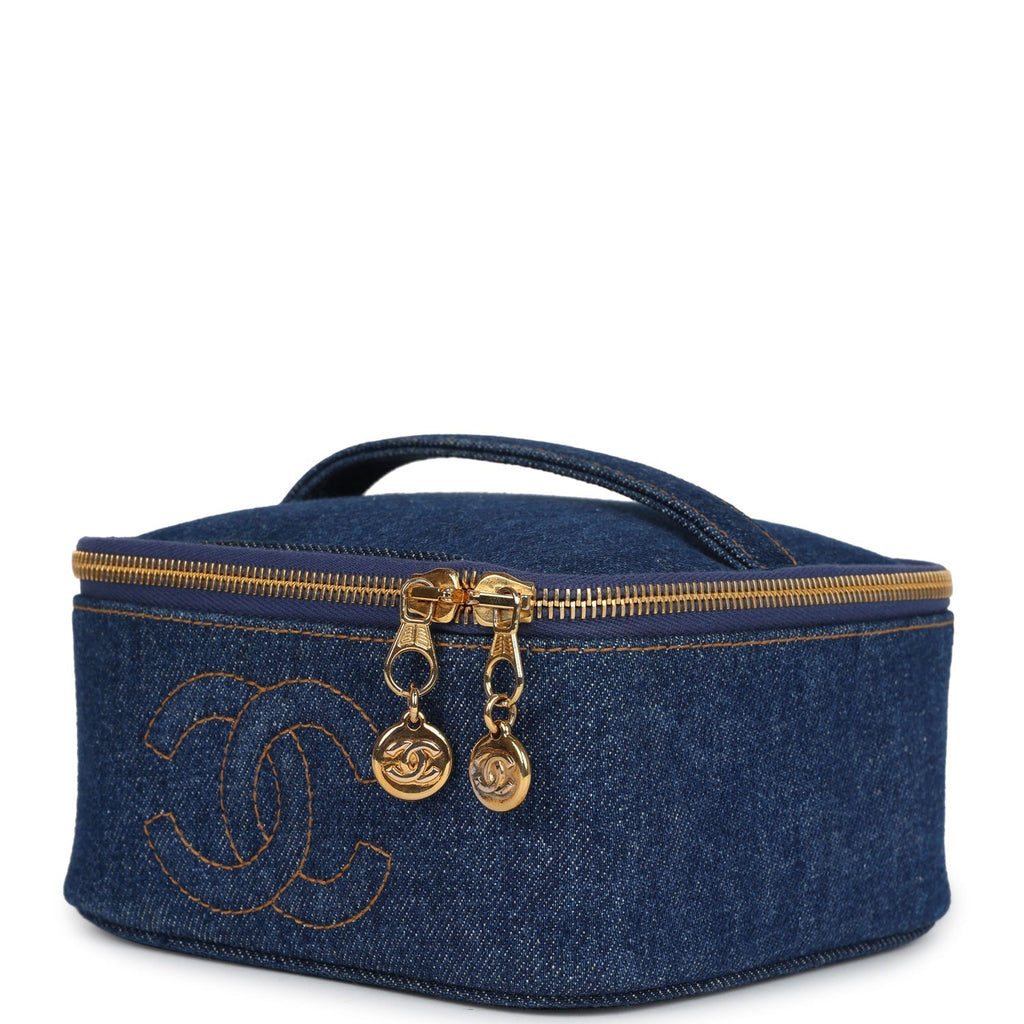 Chanel Vintage Square Vanity Case Dark Blue Denim Gold Hardware