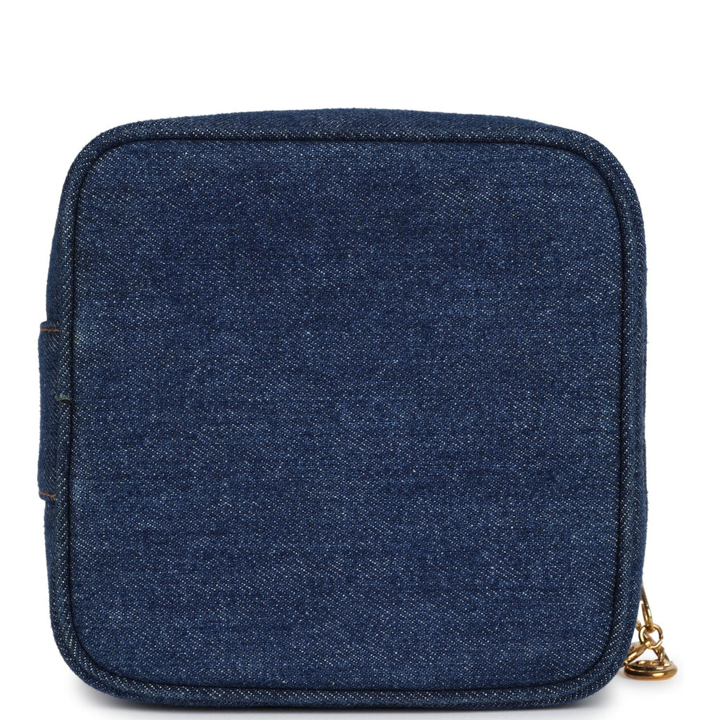Chanel Vintage Square Vanity Case Dark Blue Denim Gold Hardware