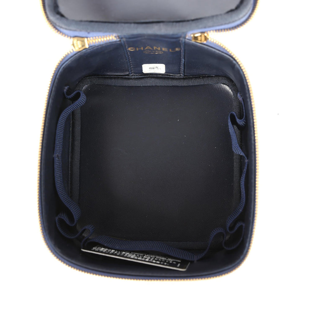 Chanel Vintage Square Vanity Case Dark Blue Denim Gold Hardware