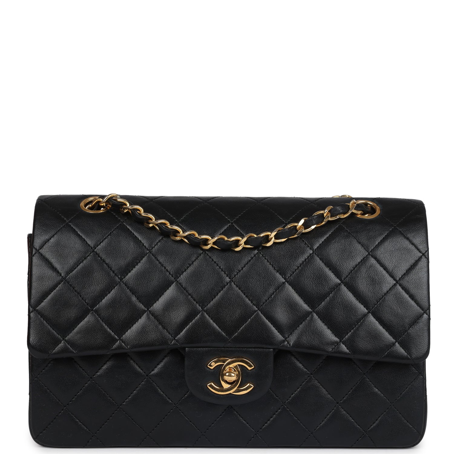 Chanel Vintage Medium Classic Double Flap Bag Black Lambskin Gold Hardware