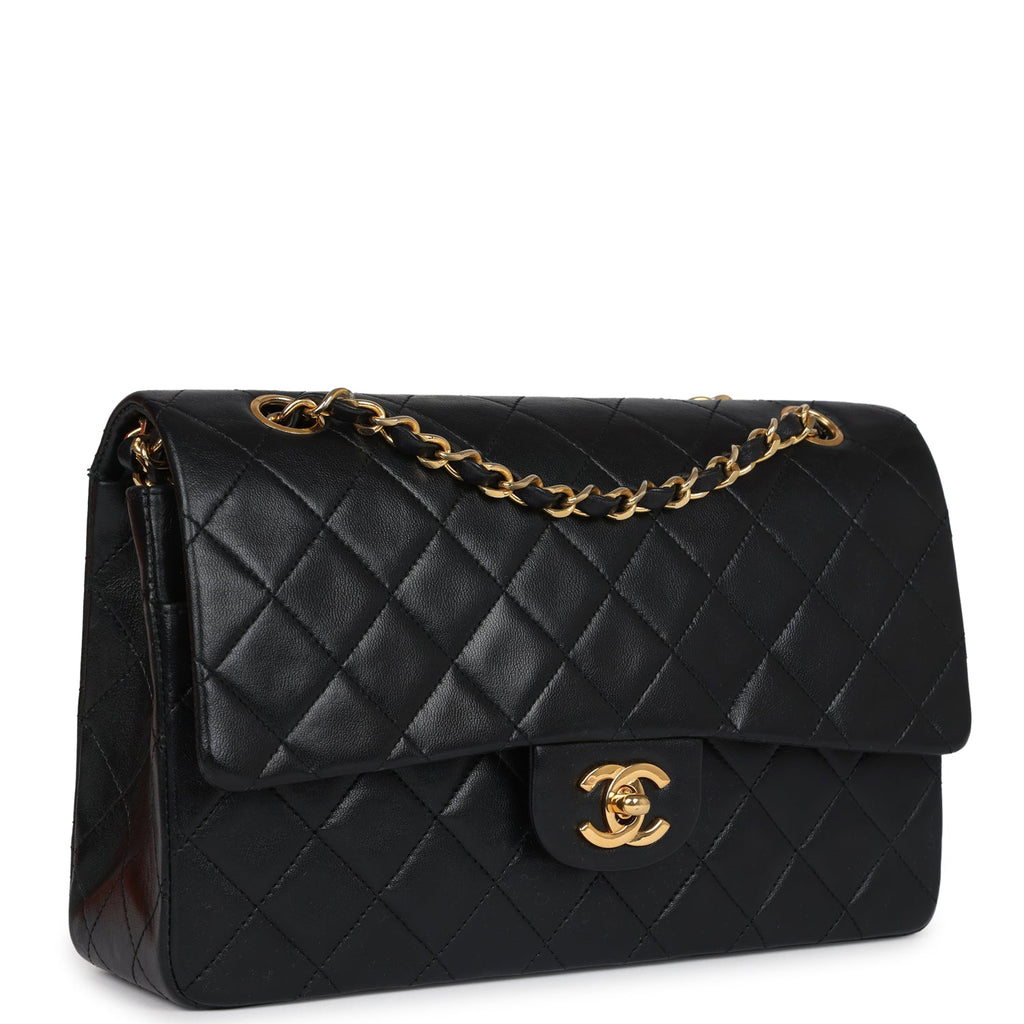 Chanel Vintage Medium Classic Double Flap Bag Black Lambskin Gold Hardware