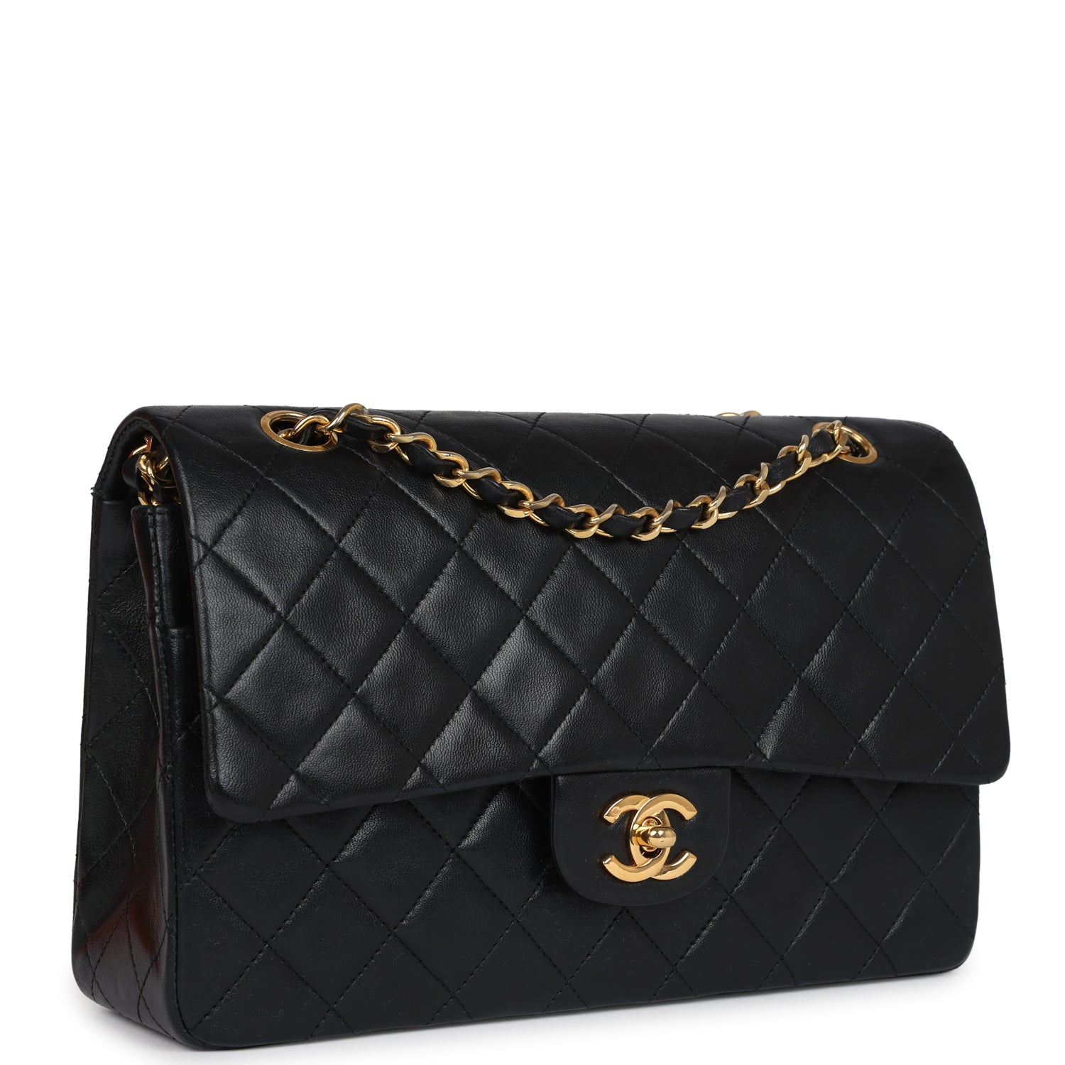 Chanel Vintage Medium Classic Double Flap Bag Black Lambskin Gold Hardware