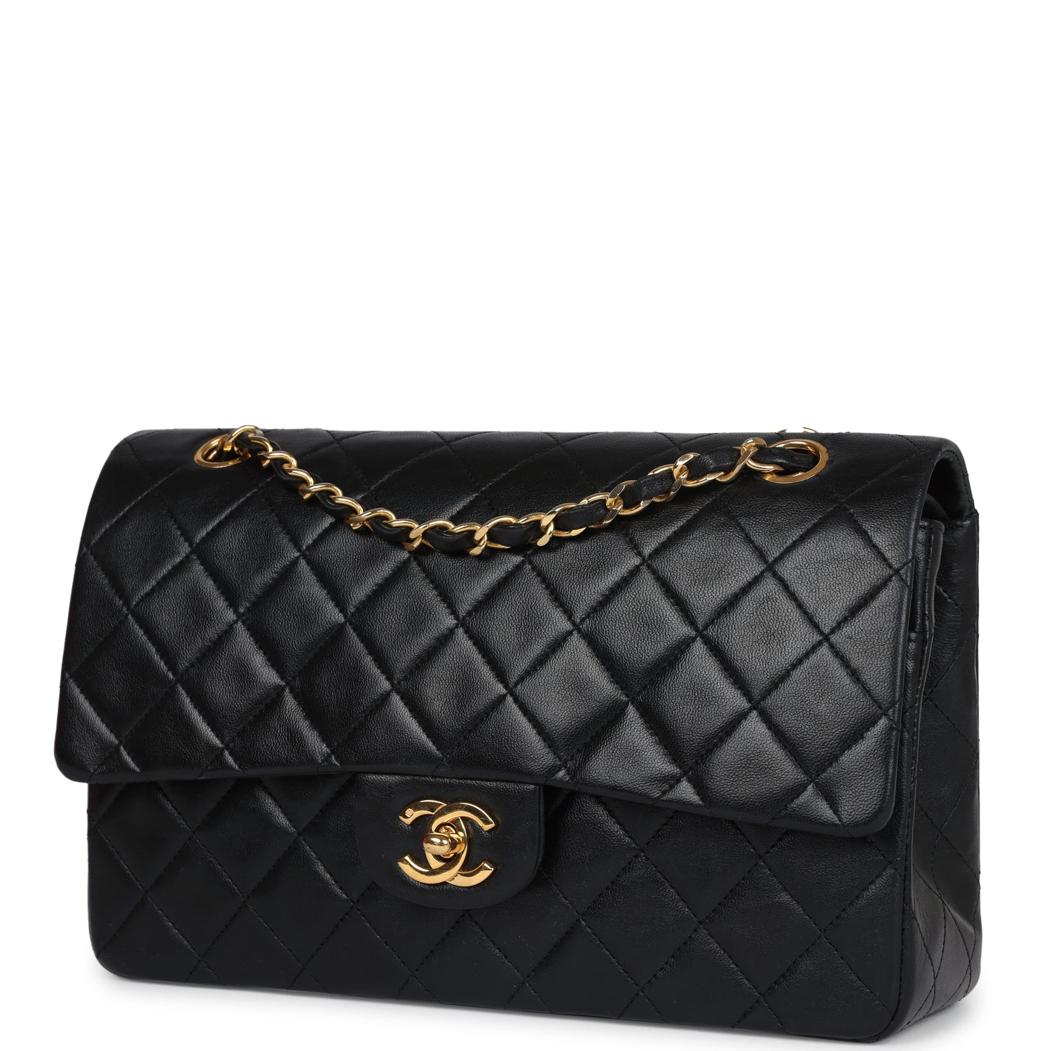 Chanel Vintage Medium Classic Double Flap Bag Black Lambskin Gold Hardware