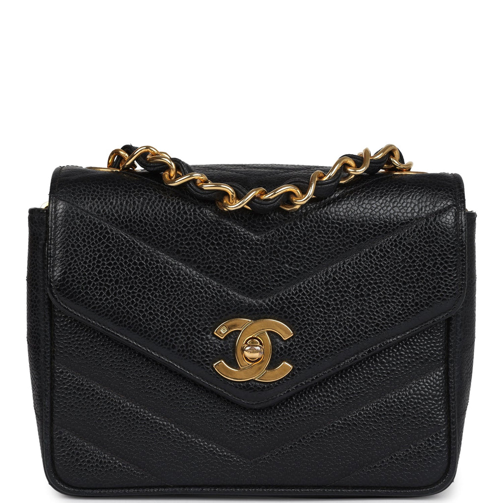 Chanel Vintage Square Chevron Envelope Flap Bag Black Caviar Gold Hardware