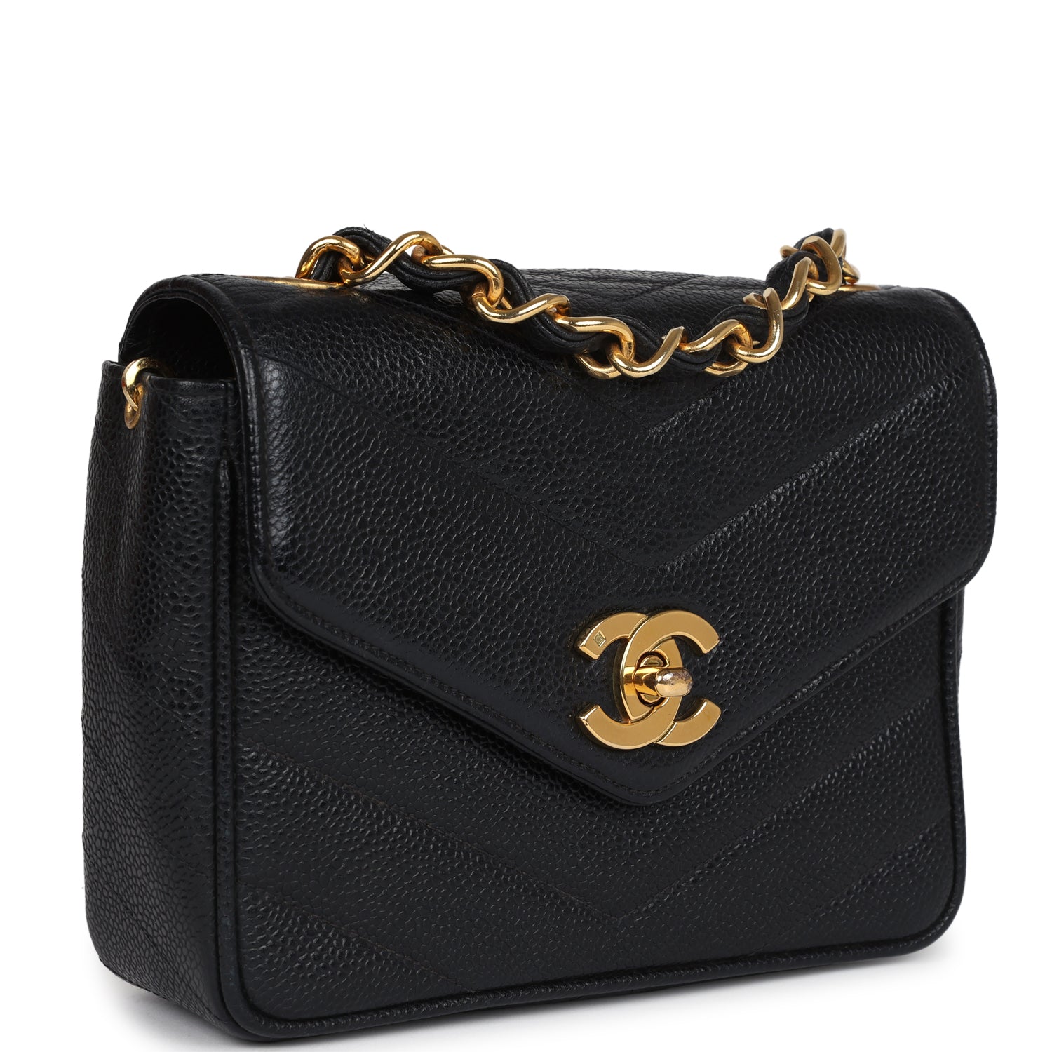 Chanel Vintage Square Chevron Envelope Flap Bag Black Caviar Gold Hardware