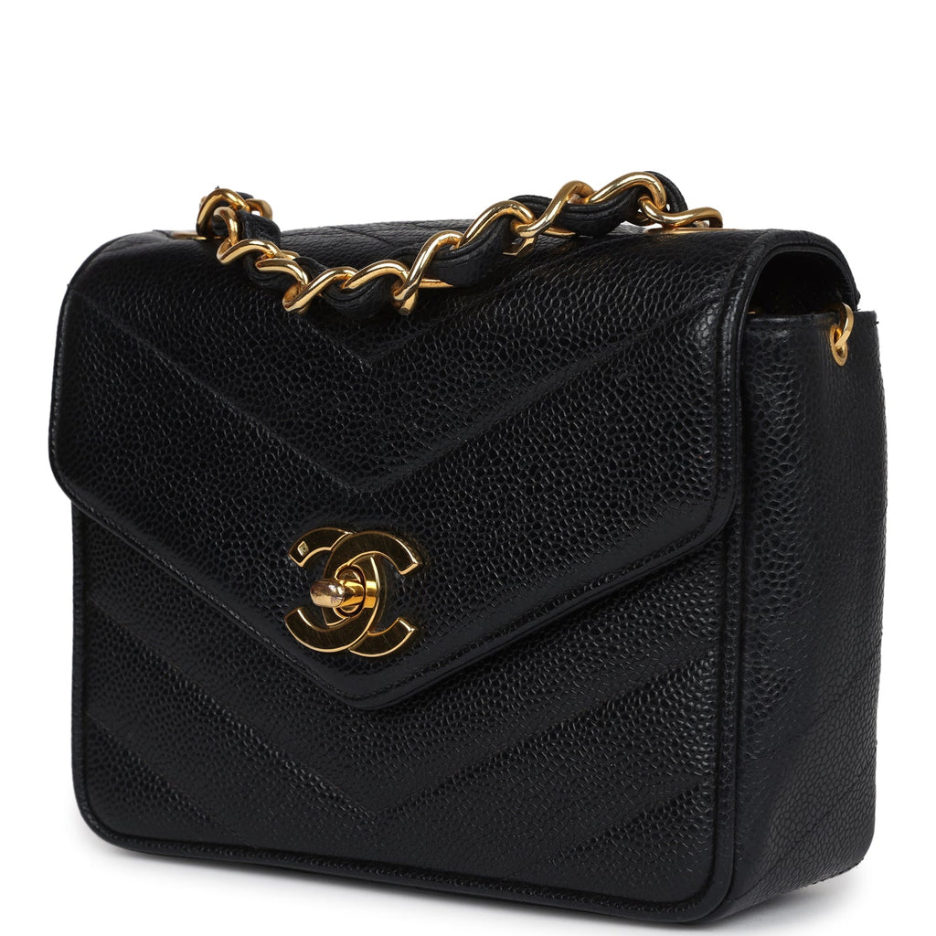 Chanel Vintage Square Chevron Envelope Flap Bag Black Caviar Gold Hardware
