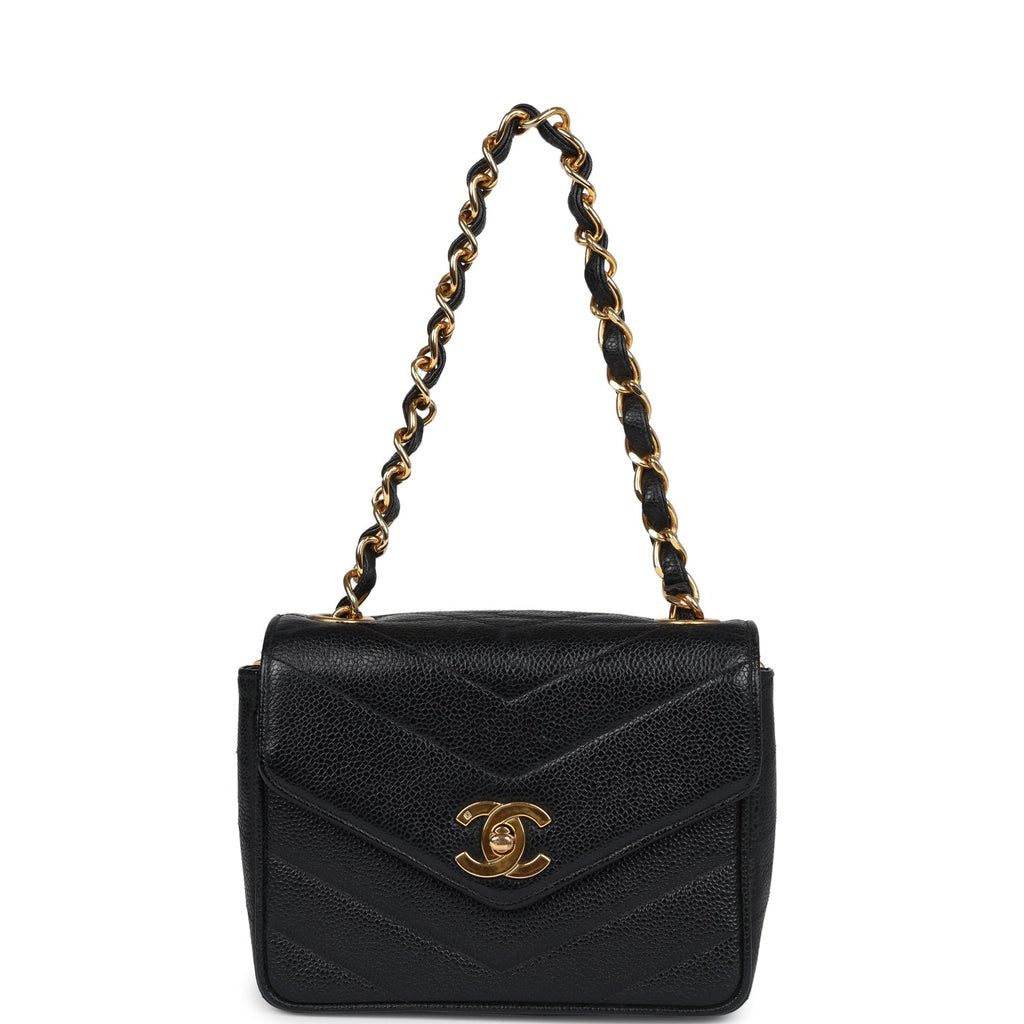 Chanel Vintage Square Chevron Envelope Flap Bag Black Caviar Gold Hardware